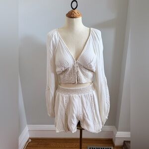 Free People Cream Embroidered Top and Shorts Set